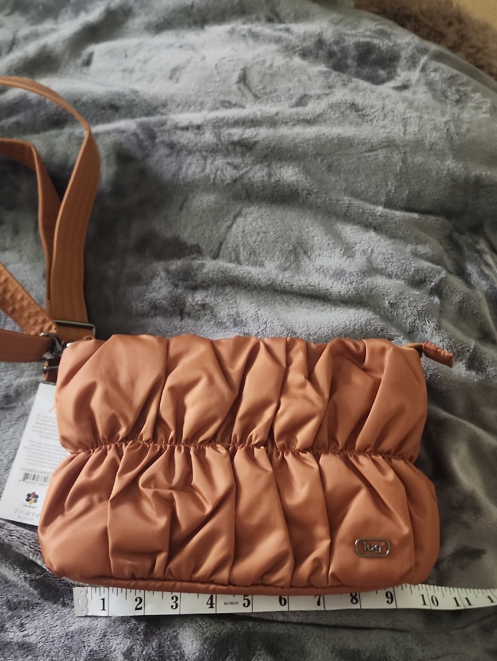 lug Quilted Ruched Crossbody Bag in Cognac